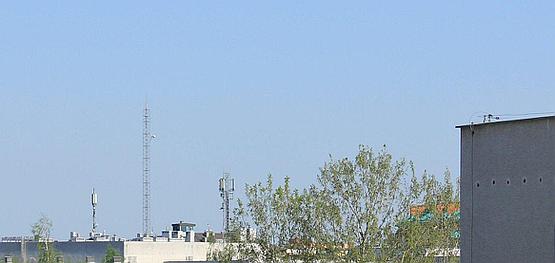 Fotografia anteny (tej obok drzewa) wykonana lustrzanką
