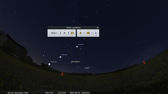 Mapa nocnego nieba w Stellarium. Na wschodzie widać Jowisza, Wenus i wschodzący Księżyc.